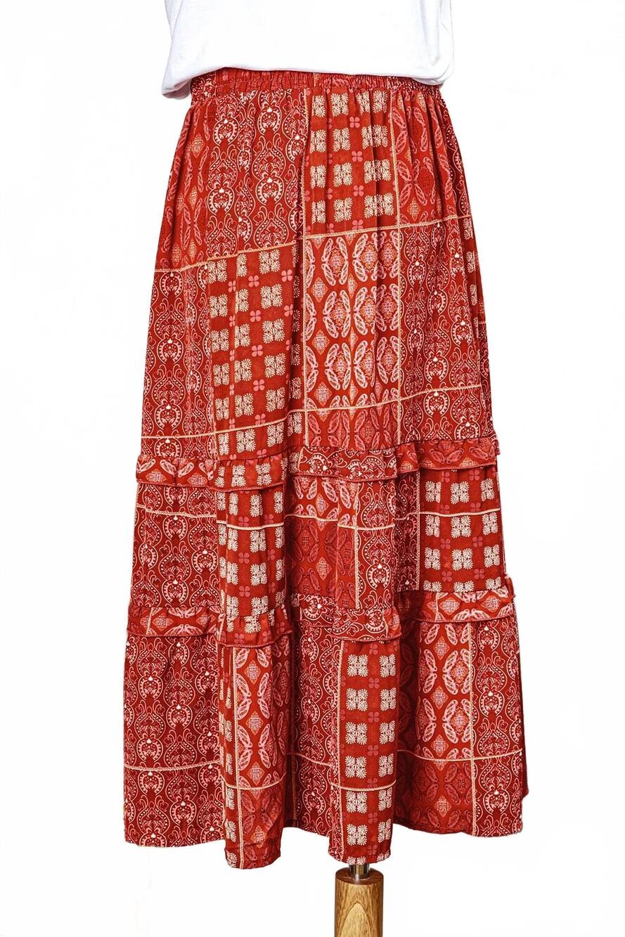 NEW FASHIONWORKS women's boho long flared skirt in red